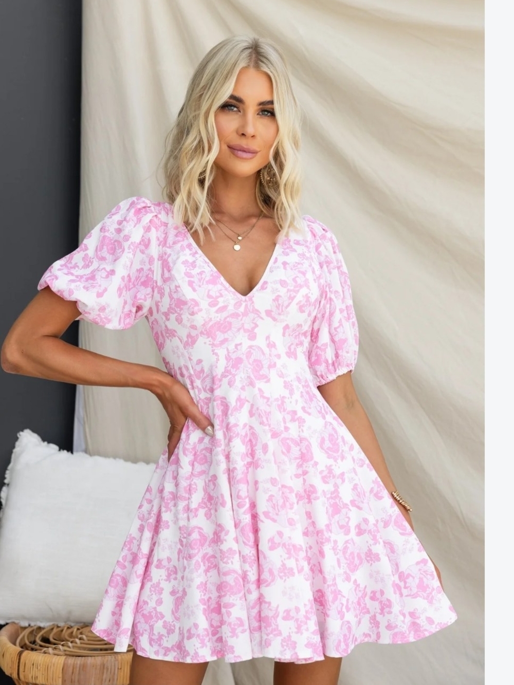 Hello Molly White & Pink Floral V-Neck Puff Sleeve Mini Dress